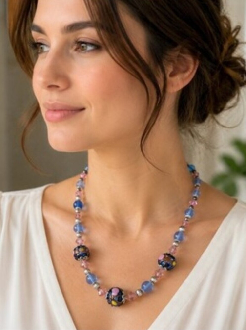 Murano Glass Wedding Cake Bead Necklace Sterling 925 Blue Pink Venetian Lampwork